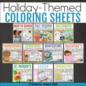 Könnte beinhalten: Ein Set mit 10 druckbaren Malvorlagen zu verschiedenen Feiertagsmotiven, darunter Schulbeginn, Herbstzeit, Halloween, Erntedankfest, Weihnachten, Winterzeit, Valentinstag, St. Patrick's Day, Ostern und Frühling. Jede Vorlage enthält einen bunten Titel und eine Schwarzweißillustration.