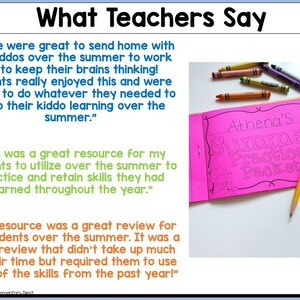 May include: Image of a pink booklet titled "Athena's Summer Practice Packet" with a yellow pencil and colorful crayons. The text "What Teachers Say" is at the top, with quotes about the booklet's effectiveness for summer learning.
