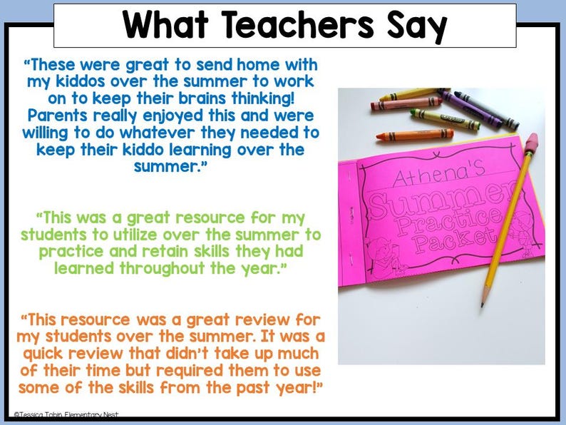 May include: Image of a pink booklet titled "Athena's Summer Practice Packet" with a yellow pencil and colorful crayons. The text "What Teachers Say" is at the top, with quotes about the booklet's effectiveness for summer learning.