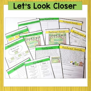 May include: A set of printable worksheets for kids about rainforests. The worksheets feature colorful illustrations of rainforest animals and plants, and include text about the rainforest ecosystem. The worksheets are titled "Rainforests", "All About the Rainforests", "The Rainforest", "Rainforest Animals", and "Rainforest Animals Found in the Rainforests".