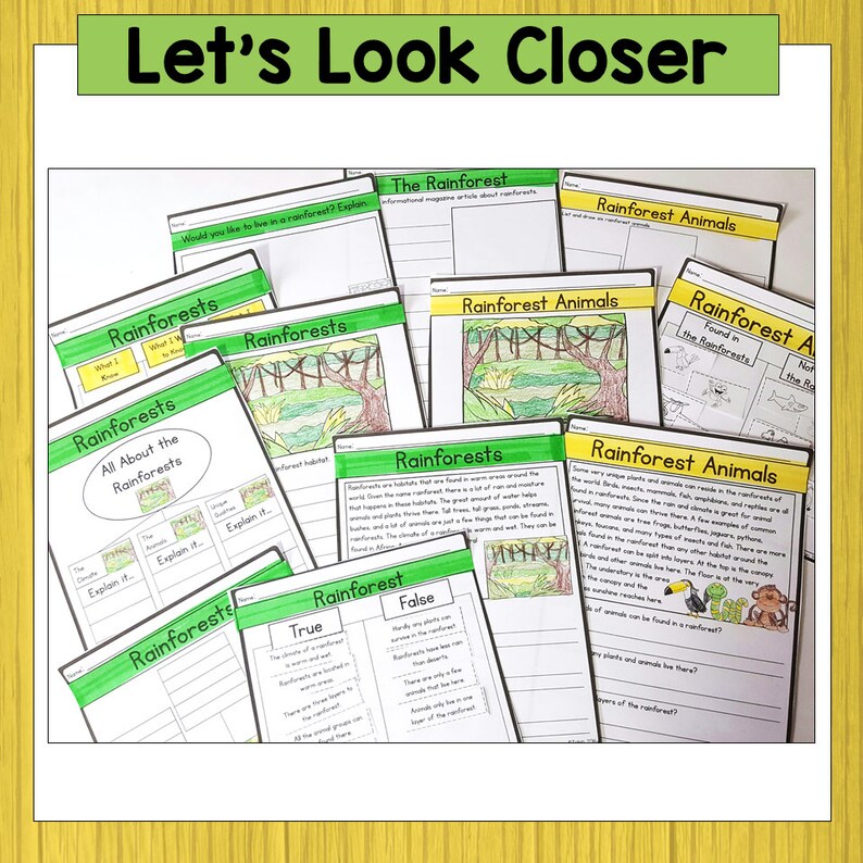 May include: A set of printable worksheets for kids about rainforests. The worksheets feature colorful illustrations of rainforest animals and plants, and include text about the rainforest ecosystem. The worksheets are titled "Rainforests", "All About the Rainforests", "The Rainforest", "Rainforest Animals", and "Rainforest Animals Found in the Rainforests".