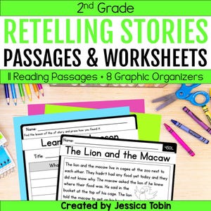 May include: Educational 2nd grade reading resource with the title "Retelling Stories Passages & Worksheets." The image shows worksheets, reading passages, crayons, scissors, and the text "The Lion and the Macaw."