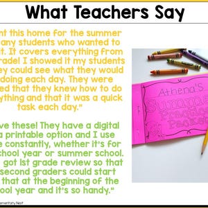 May include: A pink booklet with the text "Athena's Summer Practice Packet" in black outlined text. The booklet is lying on a table with a yellow pencil and several colored pencils.