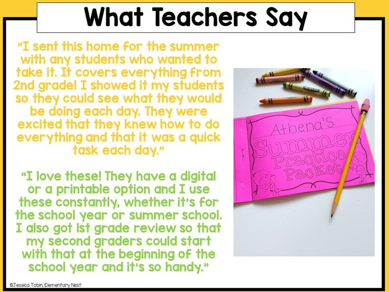 May include: A pink booklet with the text "Athena's Summer Practice Packet" in black outlined text. The booklet is lying on a table with a yellow pencil and several colored pencils.