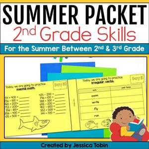 May include: A yellow and white printable worksheet with the text "Summer Packet 2nd Grade Skills" and "For the Summer Between 2nd & 3rd Grade". The worksheet is divided into two sections, one titled "Day 10" and the other titled "Day II". The "Day 10" section has a math problem with the text "Today, we are going to practice mental math." The "Day II" section has a grammar problem with the text "Today, we are going to practice irregular verbs."
