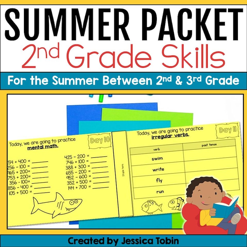May include: A yellow and white printable worksheet with the text "Summer Packet 2nd Grade Skills" and "For the Summer Between 2nd & 3rd Grade". The worksheet is divided into two sections, one titled "Day 10" and the other titled "Day II". The "Day 10" section has a math problem with the text "Today, we are going to practice mental math." The "Day II" section has a grammar problem with the text "Today, we are going to practice irregular verbs."