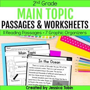 May include: Educational worksheets for 2nd grade, featuring reading passages and graphic organisers. The worksheets include the title "Main Topic" and the text "In the Ocean". Colourful pencils and a spiral notebook are also visible.