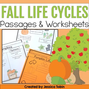 May include: Educational worksheets with the title "FALL LIFE CYCLES Passages & Worksheets". The image features a pumpkin life cycle diagram, an apple tree, and a pumpkin illustration. The worksheets are designed for educational purposes.