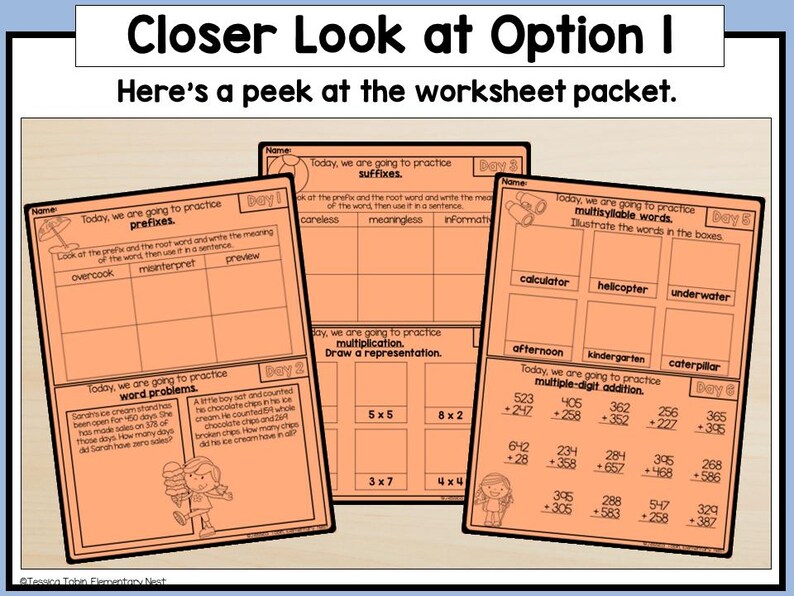May include: Orange worksheets with math problems, including prefixes, suffixes, multiplication, and multiple-digit addition. The worksheets are titled "Closer Look at Option I" and "Here's a peek at the worksheet packet."