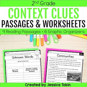 Peut inclure: Ressource pédagogique pour la 2e année, avec des fiches d'exercices et des passages de lecture sur les indices contextuels. Le titre est en grandes lettres vert vif. L'image comprend deux fiches, l'une intitulée "Mots inconnus" et l'autre "Communautés".