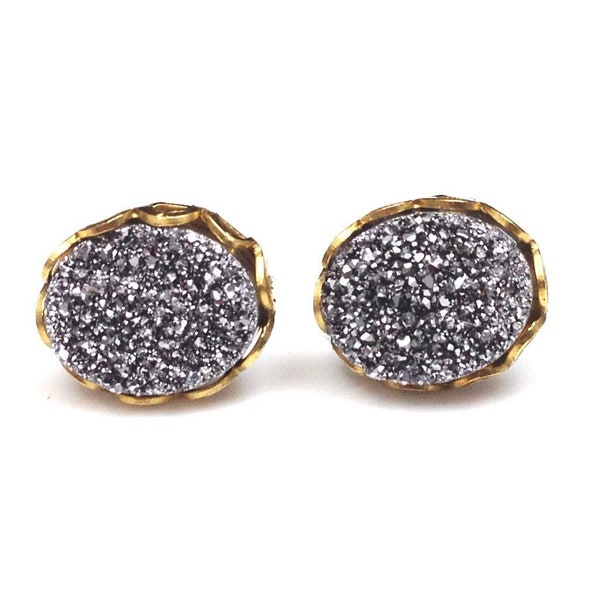 8mm x 10mm Oval Silver Druzy Drusy Stud Pendientes en encaje de oro con hipoalergénico níquel libre de titanio Postes dama de honor Boda