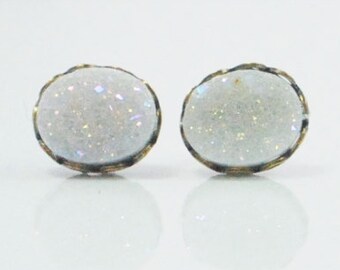 8mm x 10mm Oval White Druzy Drusy Stud Earrings in Antique Bronze Colored Lace Setting Wedding Bridal Hypoallergenic Nickel Free