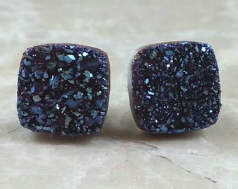 8mm (1/3") Square Blue Druzy Drusy Post Stud Earrings with Nickel Free Hypoallergenic Titanium Posts