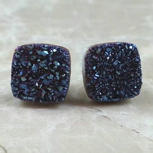 8mm 1/3 Square Blue Druzy Drusy Post Stud Earrings with Nickel Free Hypoallergenic Titanium Posts image 1