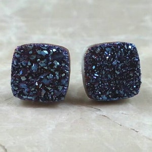 8mm (1/3") Square Blue Druzy Drusy Post Stud Earrings with Nickel Free Hypoallergenic Titanium Posts