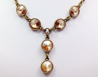 Swarovski Rivoli Necklace with Light Colorado Topaz Rhinestones in Antique Bronze Settings