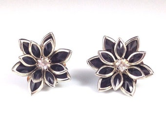 Black Lotus Flower Rhinestone Crystal Earring Vintage Inspired