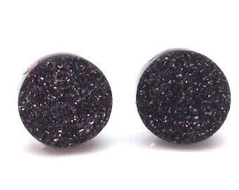 Tiny 1/3" 8mm Round Black Druzy Drusy Post Stud Earrings with Nickel Free Titanium Posts