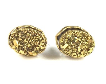 6mm x 8mm Oval Gold Druzy Drusy Stud Earrings in Gold Lace Setting with Hypoallergenic Nickel Free Titanium Posts