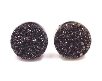 Tiny 1/3" 8mm Round Dark Brown Druzy Drusy Post Stud Earrings with Nickel Free Titanium Posts