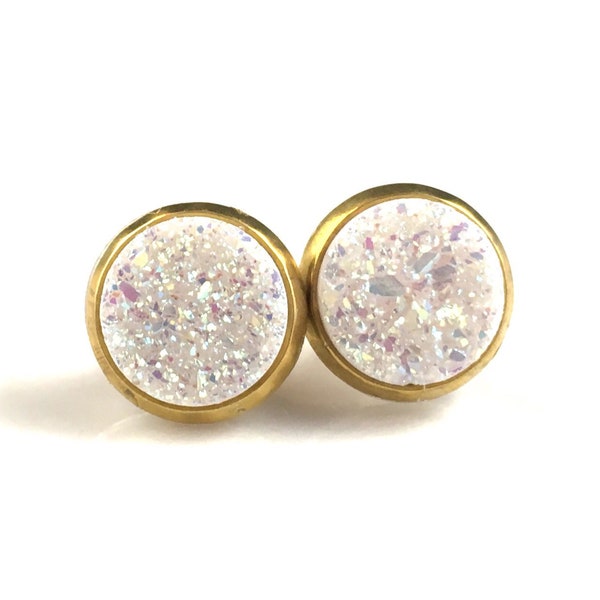 1/2" 12mm White Round Druzy Drusy Stud Earrings in Gold Colored Setting with Nickel Free Titanium Posts