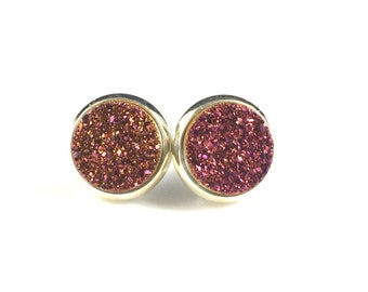 Red Purple Mauve Druzy Drusy Post Stud Earrings in Silver Bezel Cup Setting with Titanium Posts