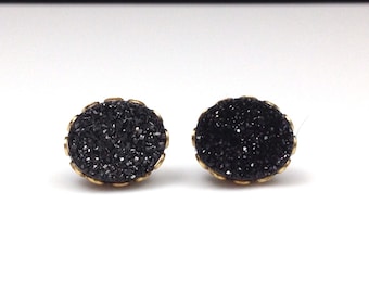 10mm x 12mm Oval Black Druzy Drusy Stud Earrings in Gold Colored Lace Setting