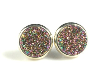 Rainbow Iridescent 10mm Round Druzy Drusy Stud Earrings in Silver Bezel Setting with Nickel Free Titanium Posts