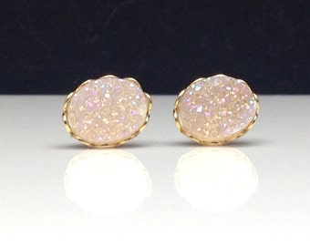 8mm x 10mm Oval Round White Opal Druzy Drusy Stud Earrings in Gold Colored Lace Setting Wedding Bridal Bridesmaid