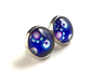 Boucles d’oreilles Blue Flower Glass Cabochon Stud