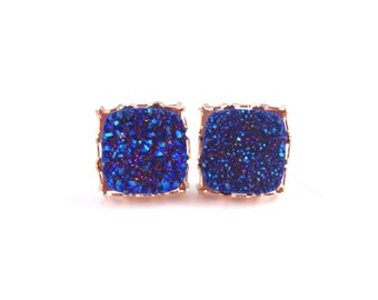 1/2" Square Blue Druzy Drusy Post Stud Earrings in Gold Lace Setting with Nickel Free Hypoallergenic Titanium Posts