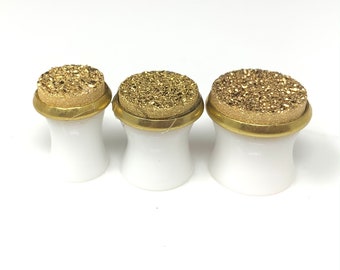 Gold Druzy Plugs in Gold Setting 0g 00g 1/2” Real Druzy Gemstone Bridal Wedding