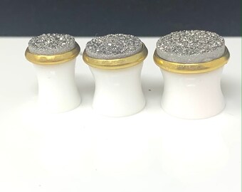 Silver Druzy Plugs in Gold Setting 0g 00g 1/2” Real Druzy Gemstone Bridal Wedding