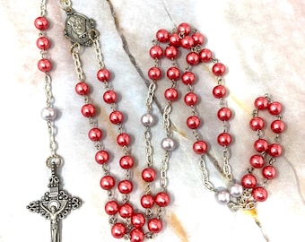 Rosaire catholique en perles de fausses perles roses
