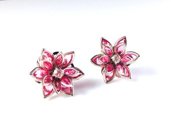 Bright Pink Lotus Flower Rhinestone Crystal Earring Vintage Inspired