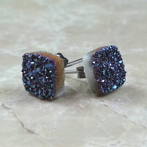 8mm 1/3 Square Blue Druzy Drusy Post Stud Earrings with Nickel Free Hypoallergenic Titanium Posts image 4