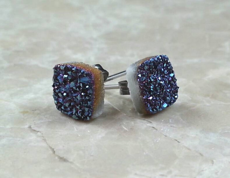 8mm 1/3 Square Blue Druzy Drusy Post Stud Earrings with Nickel Free Hypoallergenic Titanium Posts image 4