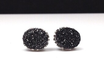 8mm x 10mm Oval Black Druzy Drusy Stud Earrings in Silver Colored Lace Setting