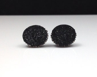 10mm x 12mm Oval Black Druzy Drusy Stud Earrings in Silver Colored Lace Setting