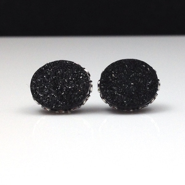 10mm x 12mm Oval Black Druzy Drusy Stud Pendientes en Ajuste de Encaje Color Plata