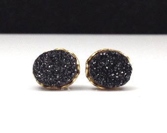 8mm x 10mm Oval Black Druzy Drusy Stud Earrings in Gold Colored Lace Setting