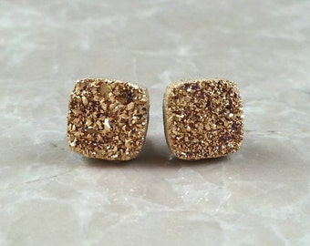 Tiny 8mm Square Cushion Cut Gold Druzy Drusy Post Stud Earrings with Nickel Free Titanium Posts Wedding Bridal Bridesmaid