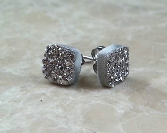 Tiny Square 8mm (1/3") Silver Druzy Drusy Post Stud Earrings