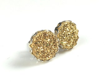 Bright Gold Round Druzy Drusy Stud Earrings in Silver Lace Setting with Nickel Free Titanium Posts