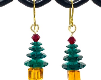 Green Brown Red Swarovski Crystal Christmas tree dangle dangly drop earrings with niobium wire for sensitive ears