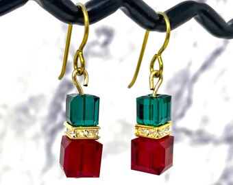 Green and Red Square Cube Stacked Swarovski Crystal Christmas dangle dangly drop earrings with gold colored niobium wire for sensitive ears