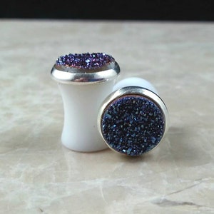 Blue Round Druzy Drusy Plugs Gauges in Silver Bezel Cup Setting Double Flared in 0g 8mm