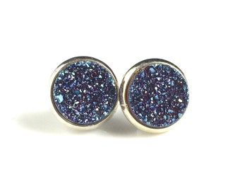 Blue Druzy Drusy Post Stud Earrings in Silver Bezel Cup Setting with Titanium Posts