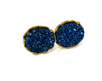 6mm x 8mm Oval Bright Blue Druzy Drusy Stud Earrings in Gold Lace Setting with Hypoallergenic Titanium Posts Bridesmaid Wedding