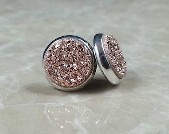 1/2" (12mm) Round Rose Gold Copper Druzy Drusy Post Stud Earrings in Silver Colored Bezel Cup Setting with Nickel Free Titanium Posts